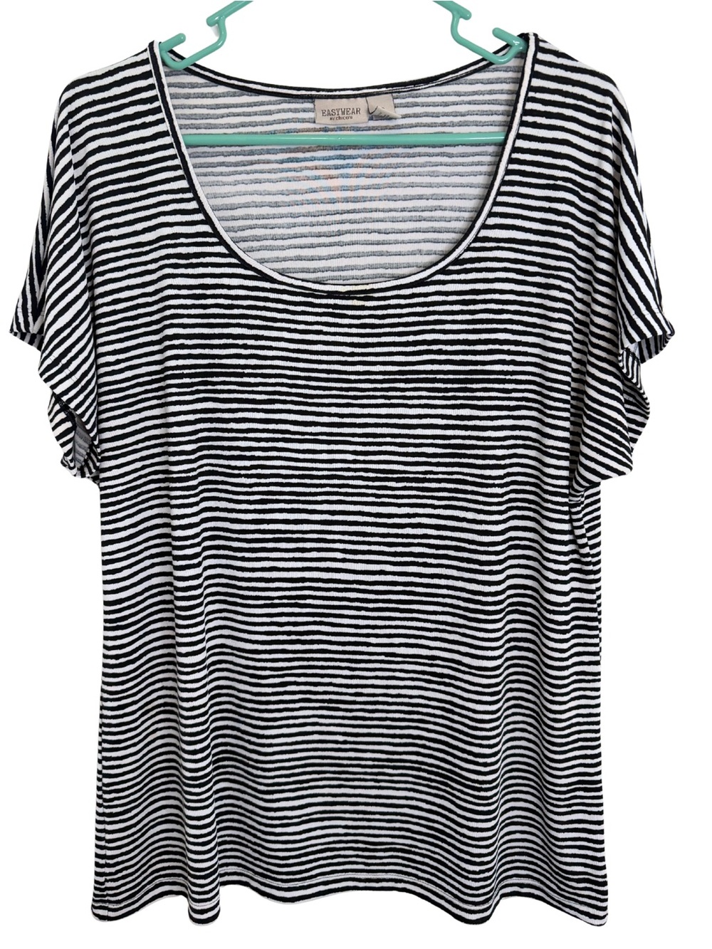 3/$20 Chico's Easywear Black & White Striped Scoop Neck Shirt Size XL